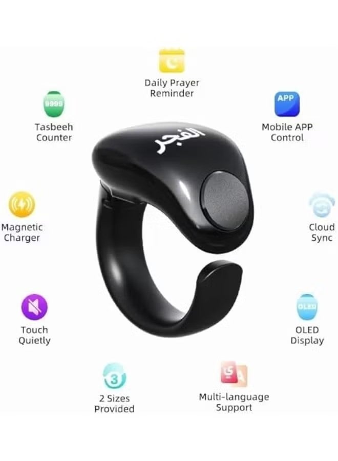 WESLAMIC iTasbih Smart Digital Tasbih Counter Ring for Zikr & Prayer – OLED Display Tasbeeh Ring with Bluetooth App Sync, Azan Prayer Time Reminders, Waterproof Wudu-Friendly Design, Magnetic Charging, Adjustable 18mm & 20mm Sizes – Sleek Black Islamic Gift for Men & Women - Image 4